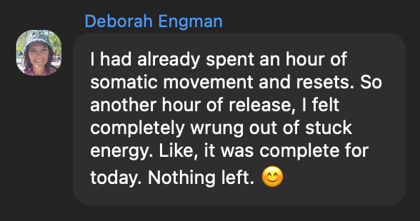 Deborah Engman: I had already spent an hour of somatic movement and resets. So another hour of release, I felt completely wrung out of stuck energy.